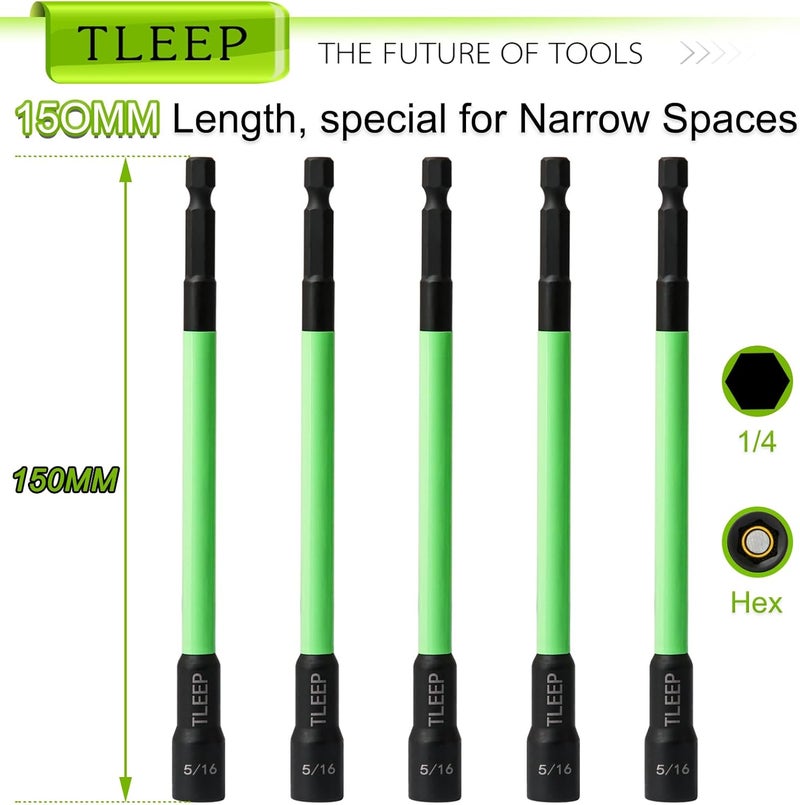 TLEEP 150MM 5/16" Magnetic Power Nut Driver Set for Impact Drill, 1/4" Hex Head Drill Bit Set SAE Screwdriver Socket Set, Chrome Vanadium Steel Quick Change Chuck Socket Wrench Nut Setters - Image 3